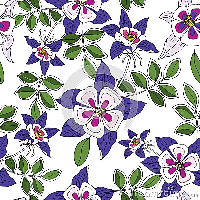 Decorative flowers columbine. Vector seamless pattern. Vector Illustration